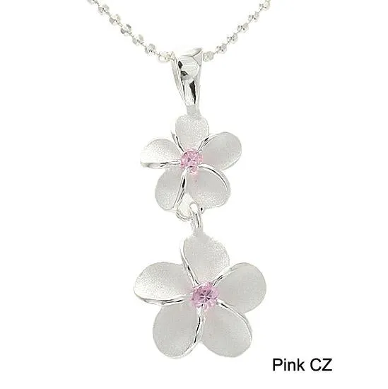 Sterling Silver 8-10mm Plumeria with Pink CZ Sandblast Finish Pendant (Chain Sold Separately)