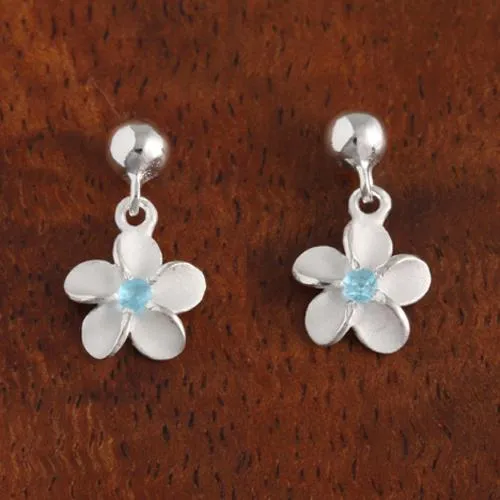 Sterling Silver 8mm Plumeria with Blue CZ and Bead Post Earrings