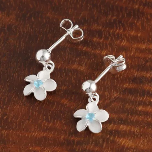 Sterling Silver 8mm Plumeria with Blue CZ and Bead Post Earrings