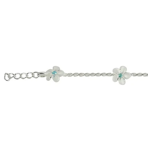 Sterling Silver 8mm Plumeria with Blue CZ Rope Chain Bracelet