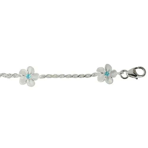 Sterling Silver 8mm Plumeria with Blue CZ Rope Chain Bracelet