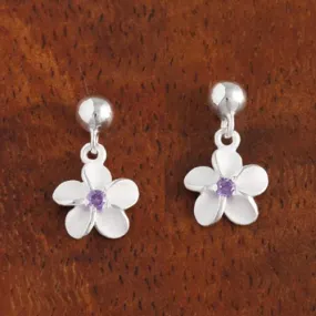 Sterling Silver 8mm Plumeria with Purple CZ and Bead Post Earrings