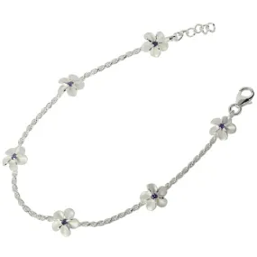 Sterling Silver 8mm Plumeria with Purple CZ Rope Chain Bracelet