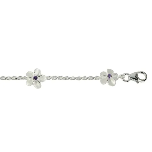 Sterling Silver 8mm Plumeria with Purple CZ Rope Chain Bracelet