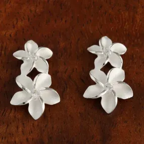 Sterling Silver Double Plumeria with CZ Post Earrings