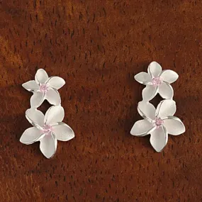 Sterling Silver Double Plumeria with Pink CZ Post Earrings