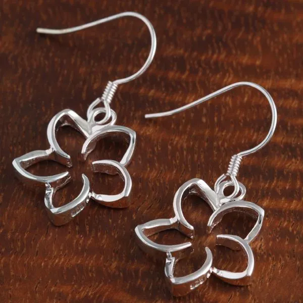 Sterling Silver Floating Plumeria Hook Earrings (10-18mm)