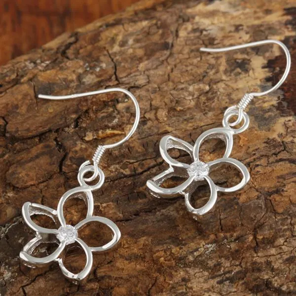 Sterling Silver Floating Plumeria with CZ Hook Earrings (8mm/15mm)