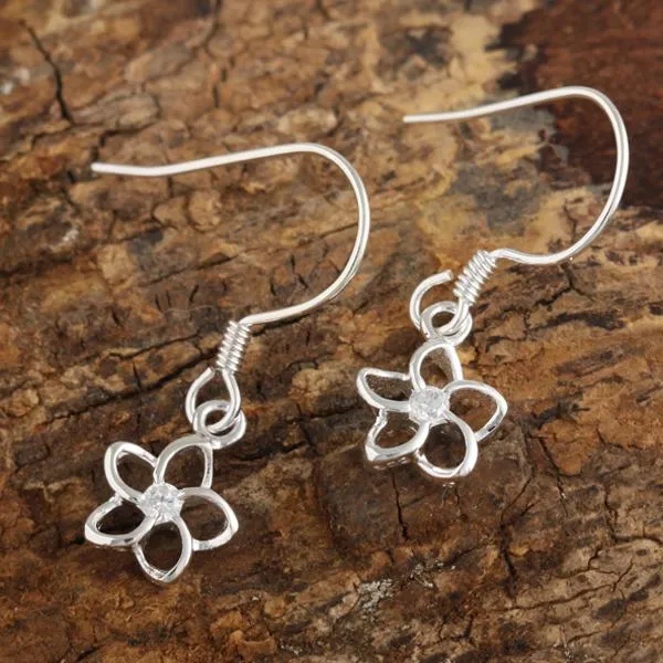 Sterling Silver Floating Plumeria with CZ Hook Earrings (8mm/15mm)