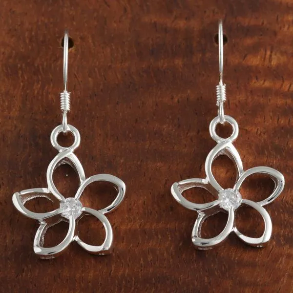 Sterling Silver Floating Plumeria with CZ Hook Earrings (8mm/15mm)