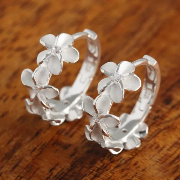 Sterling Silver Four 8mm Plumeria with CZ Hoop Earrings