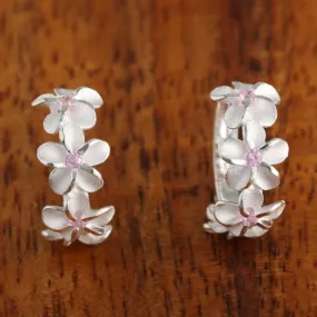 Sterling Silver Four 8mm Plumeria with Pink CZ Hoop Earrings