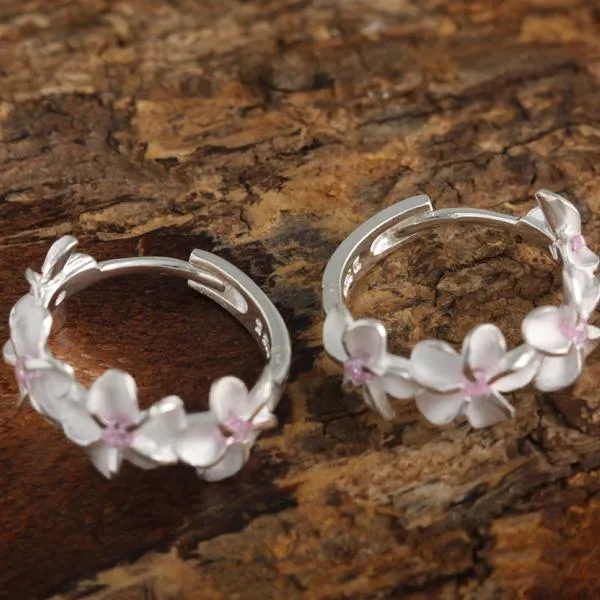 Sterling Silver Four 8mm Plumeria with Pink CZ Hoop Earrings