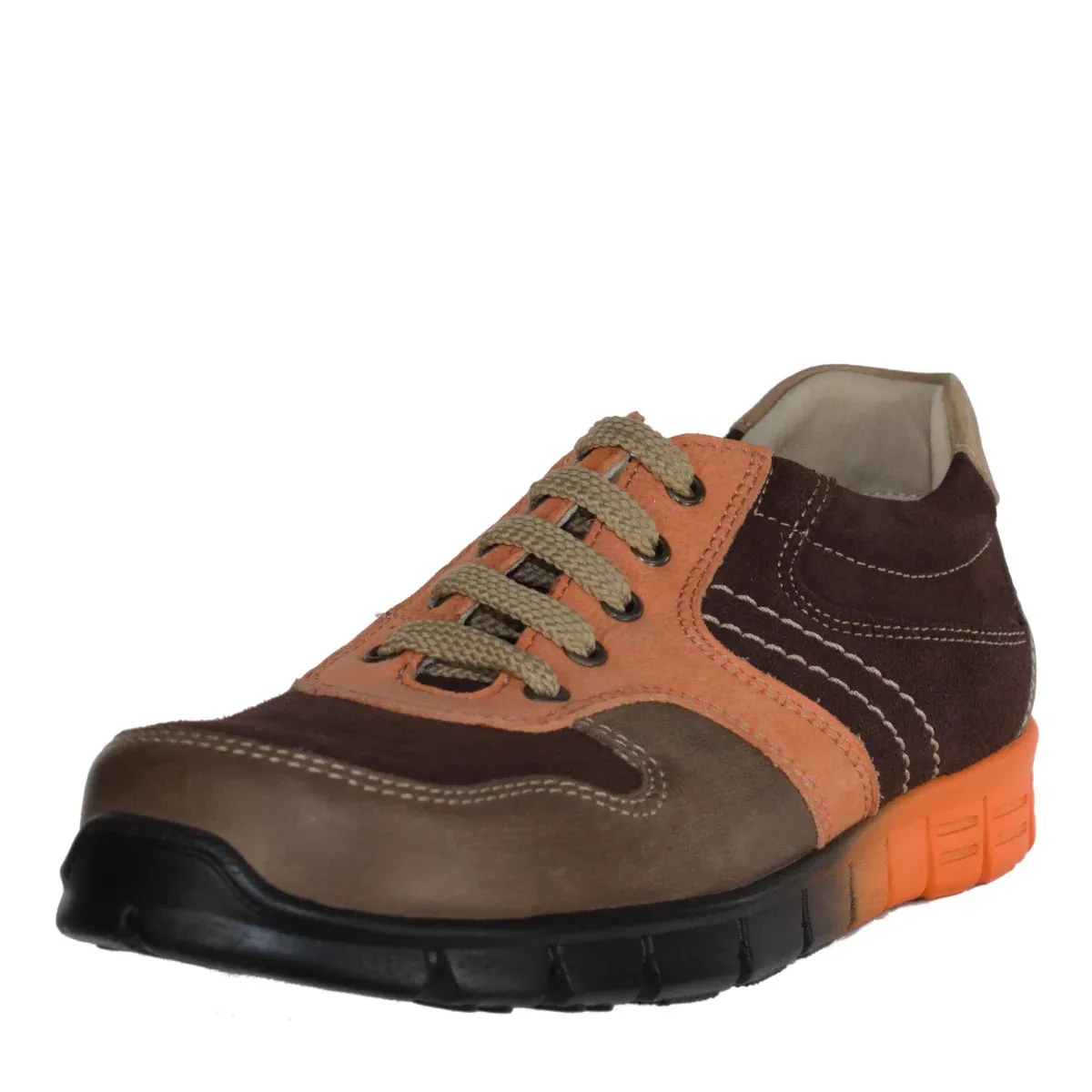 Szamos Kid Boy Sneakers In Brown Color With Orange Detail And Laces - Made In Europe