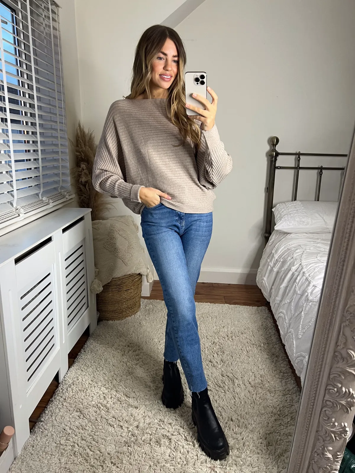 Tessa Batwing Ribbed Knit Jumper / Beige