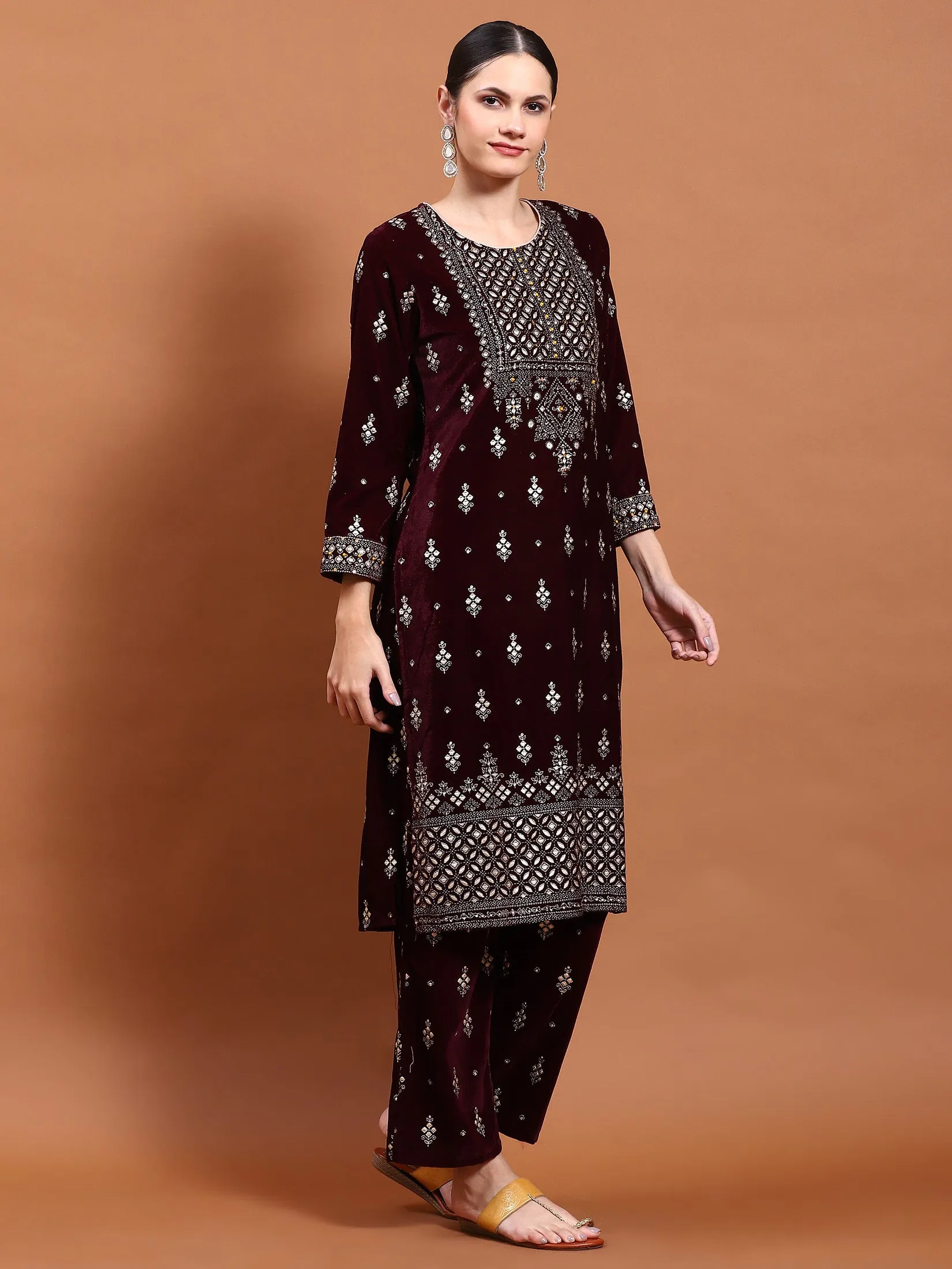 Winter Women Purple Printed Kurta Trouser Dupatta