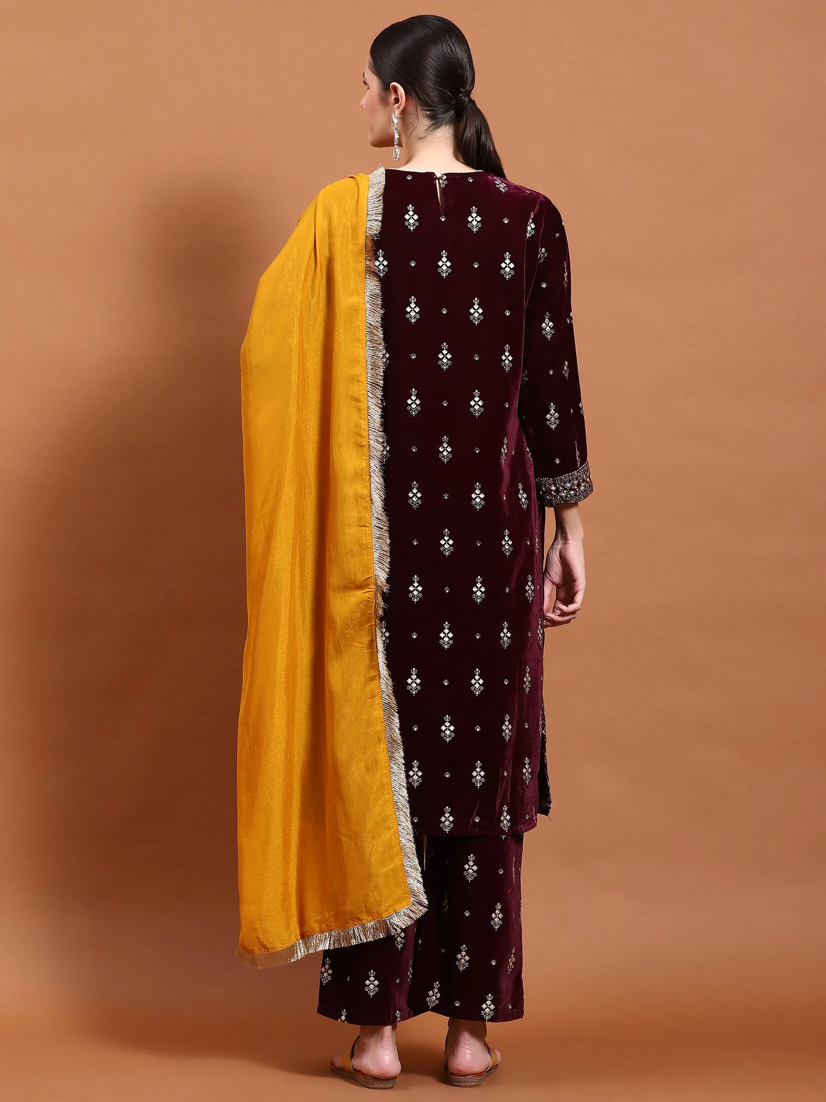 Winter Women Purple Printed Kurta Trouser Dupatta