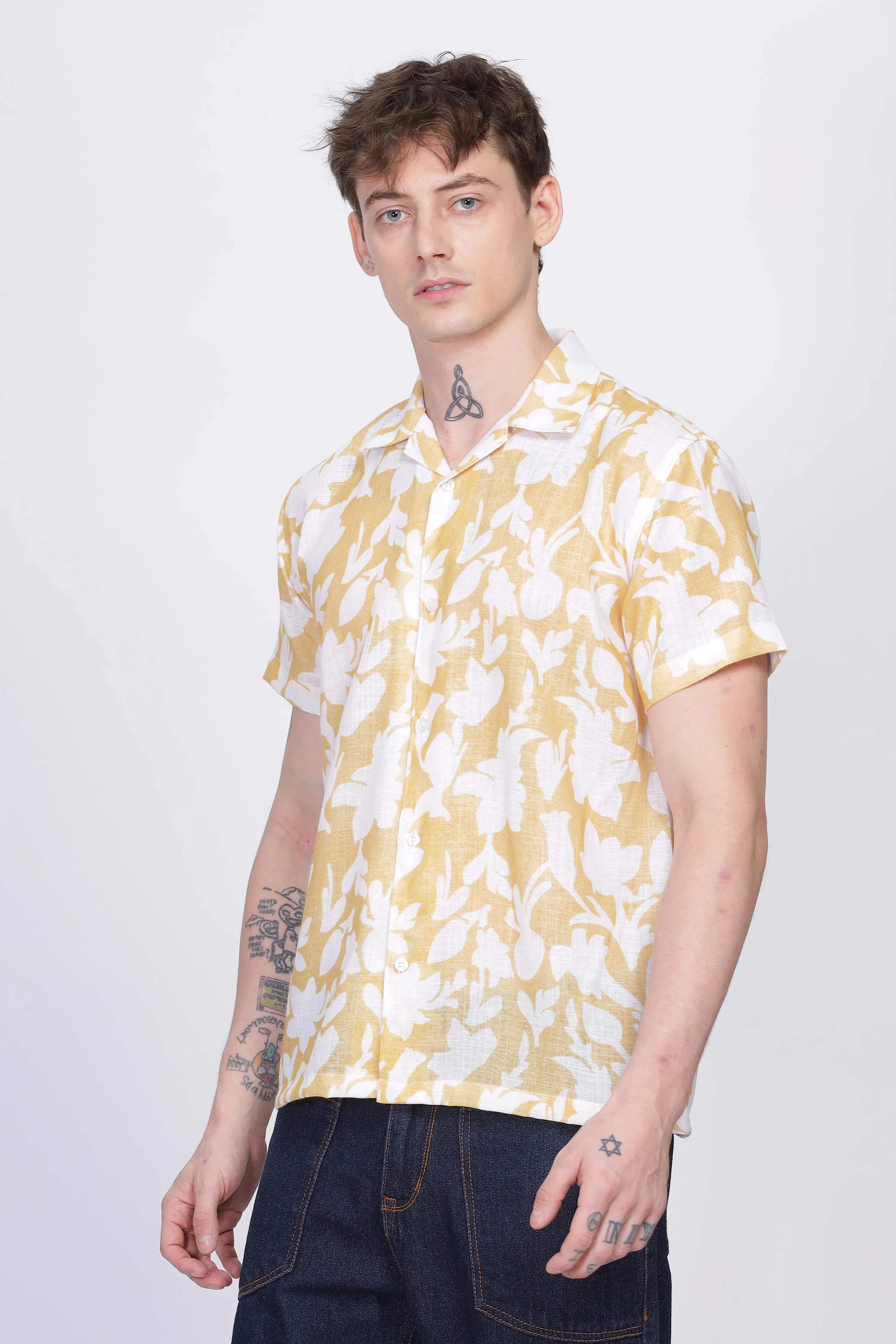 Yellow floral printed linen shirt for men