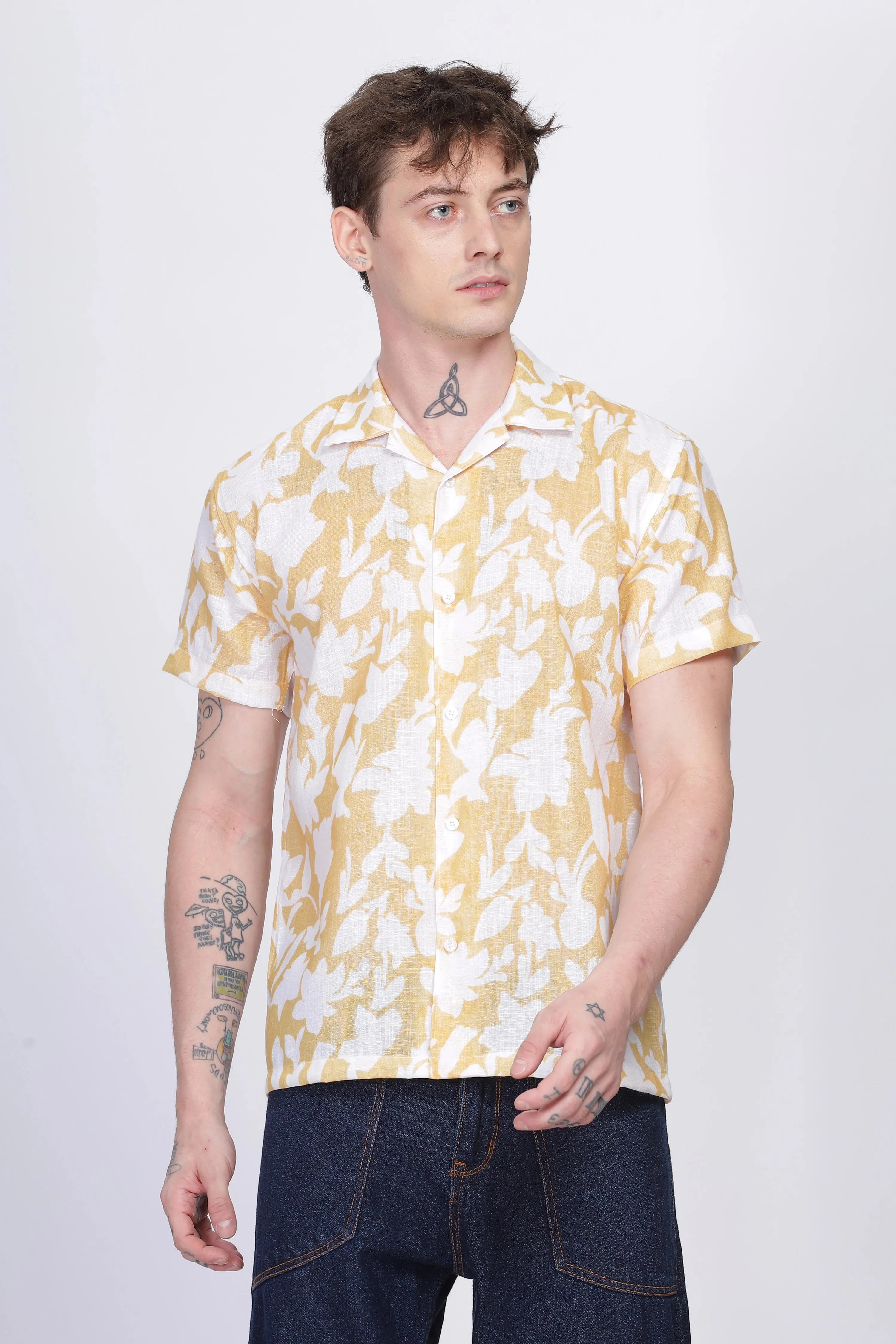 Yellow floral printed linen shirt for men