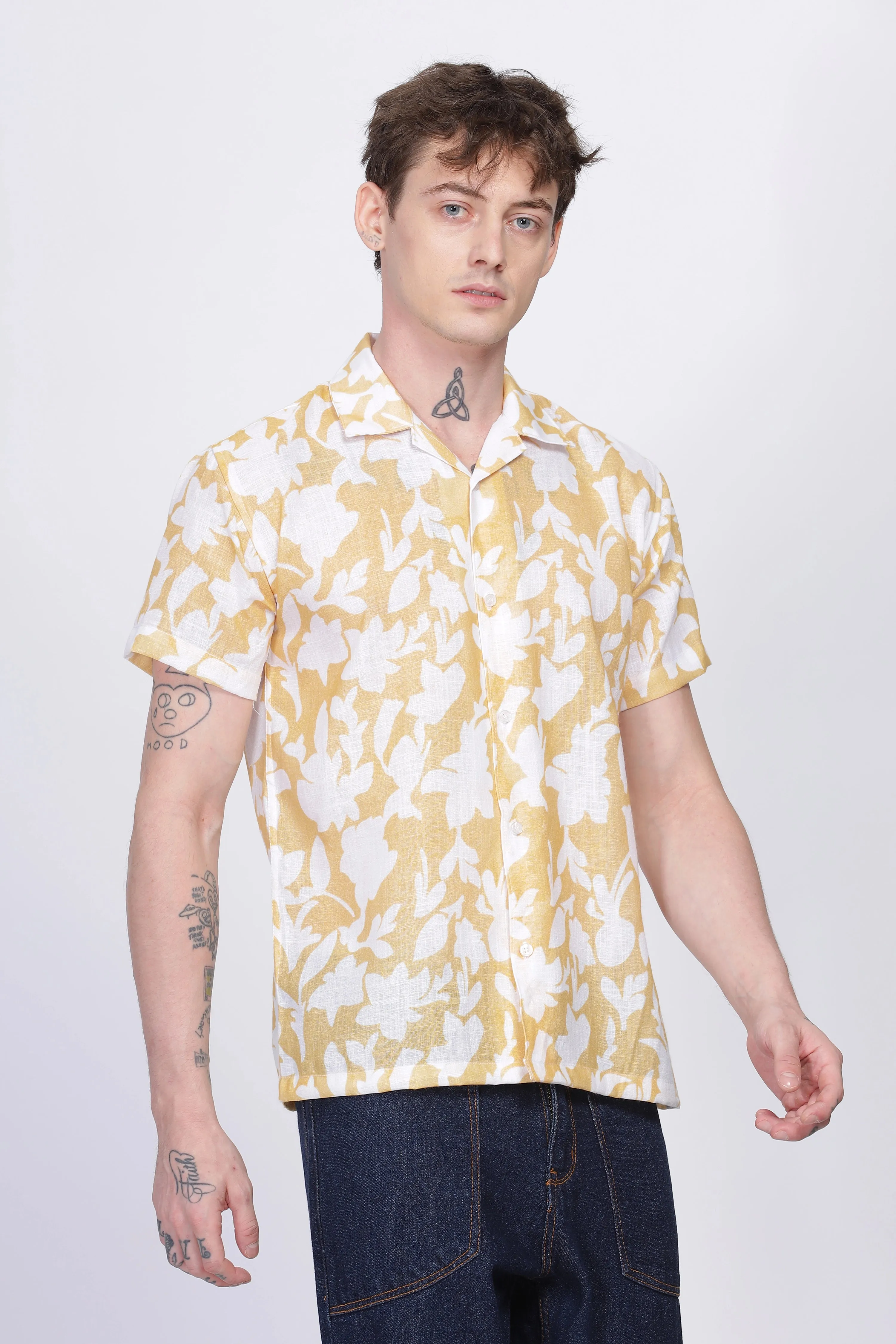 Yellow floral printed linen shirt for men